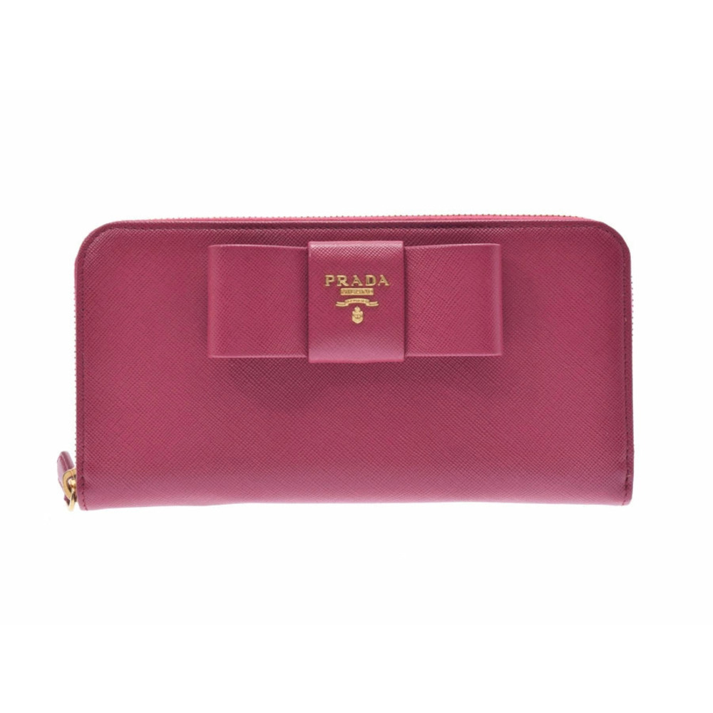 Prada round zipper long wallet Saffiano leather pink rion motif